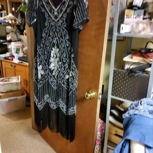 Black and Silver Beaded Fringe Dress